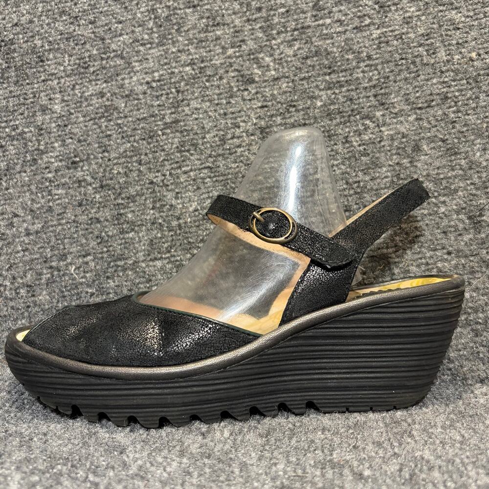 Fly London Metallic Black Leather Slingback Wedge Sandals Womens Size 8 EU 39